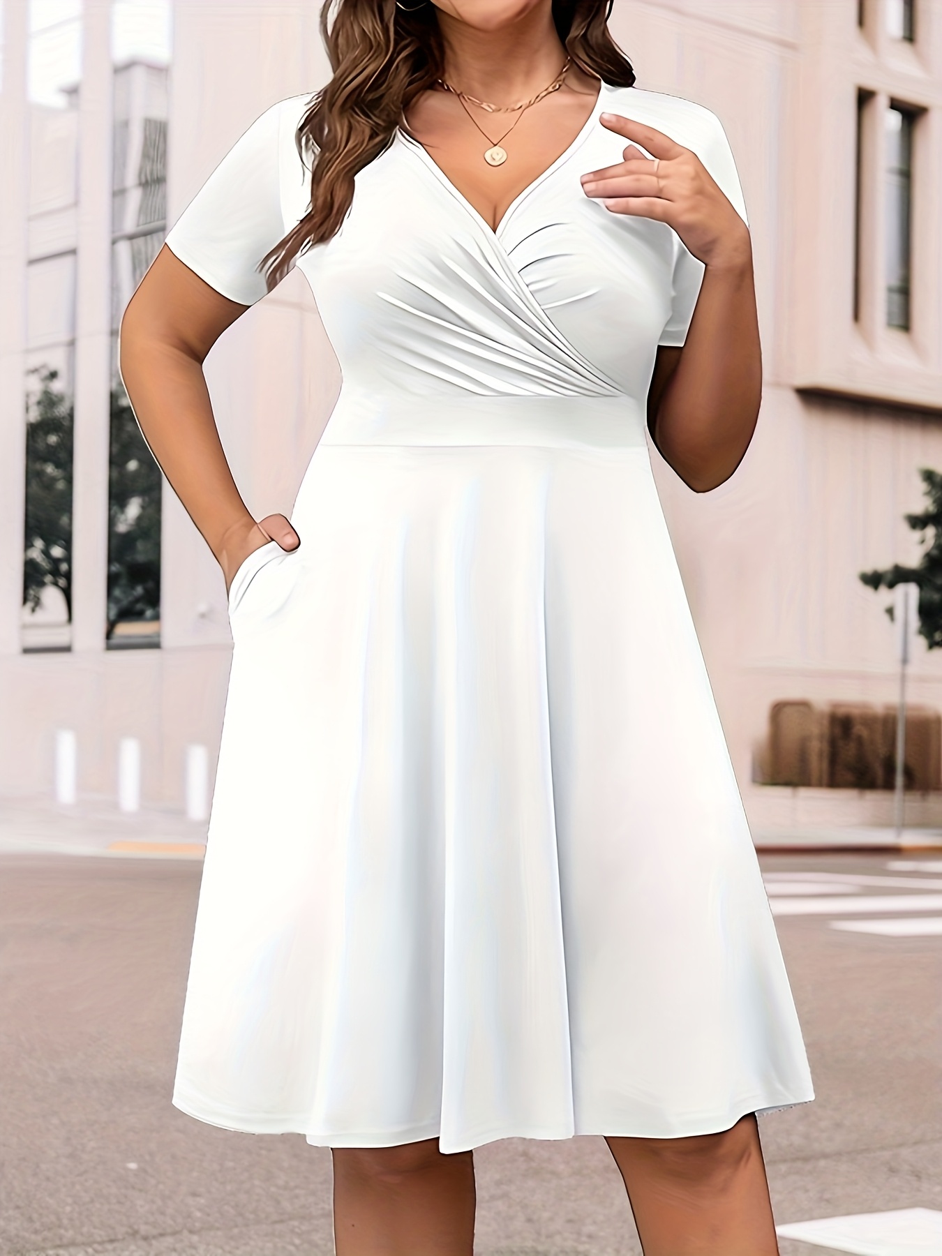 2025 New Hot-Selling Summer Women's V-Neck Solid Color Short Sleeve Elegant  Waist-Defining High-Quality Dress