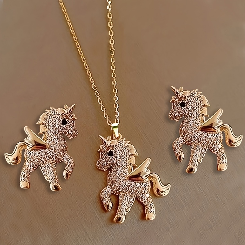 TEMU 3pcsshining Fashion Simple Luxury Exquisite Unicorn Necklace Earrings Party Commemorative Jewelry Versatile Christmas Birthday Gift