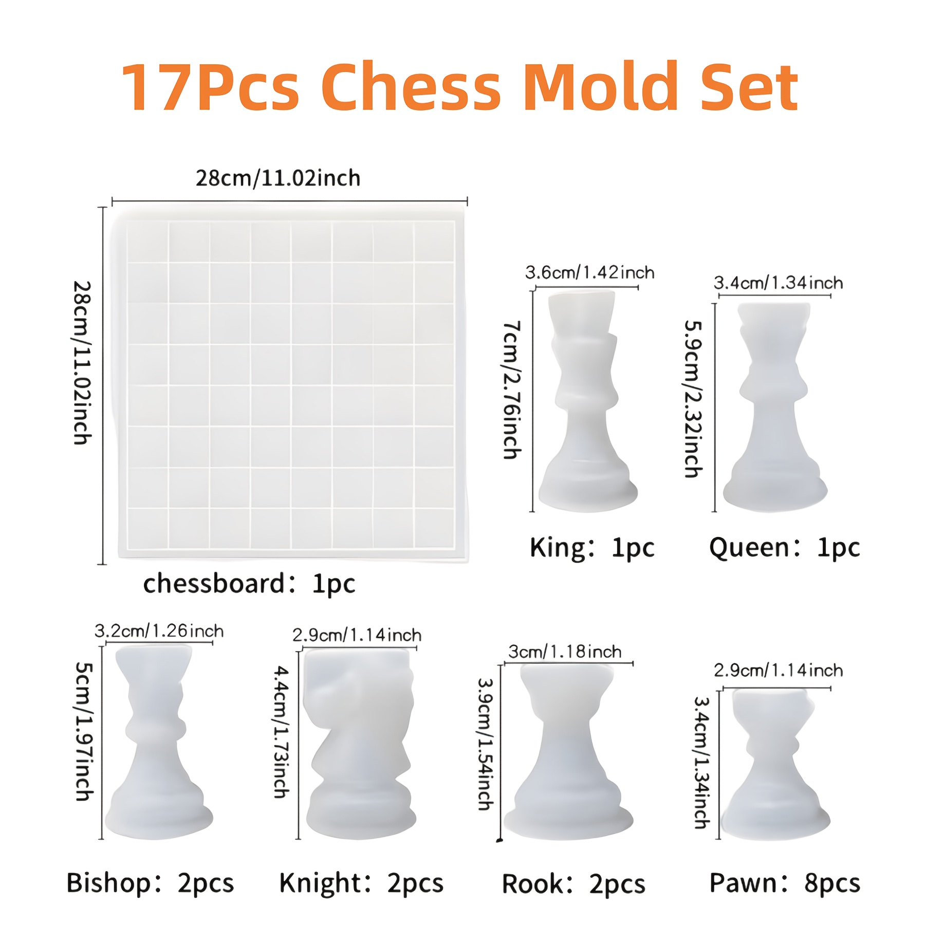 TEMU Ensemble de moules en silicone pour échecs 17 pièces, 1 planche de 11 pouces, équipé de 16 moules en silicone pour pièces, moules en silicone 3D