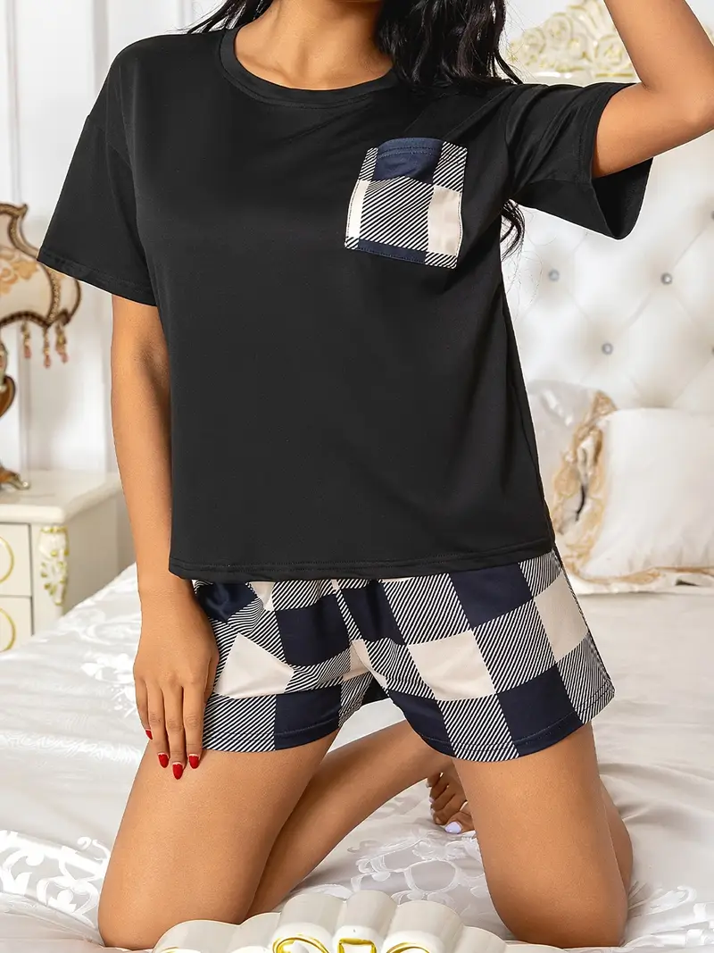 colorblock print pajama set casual short sleeve round neck top bow shorts womens sleepwear loungewear Product details 0