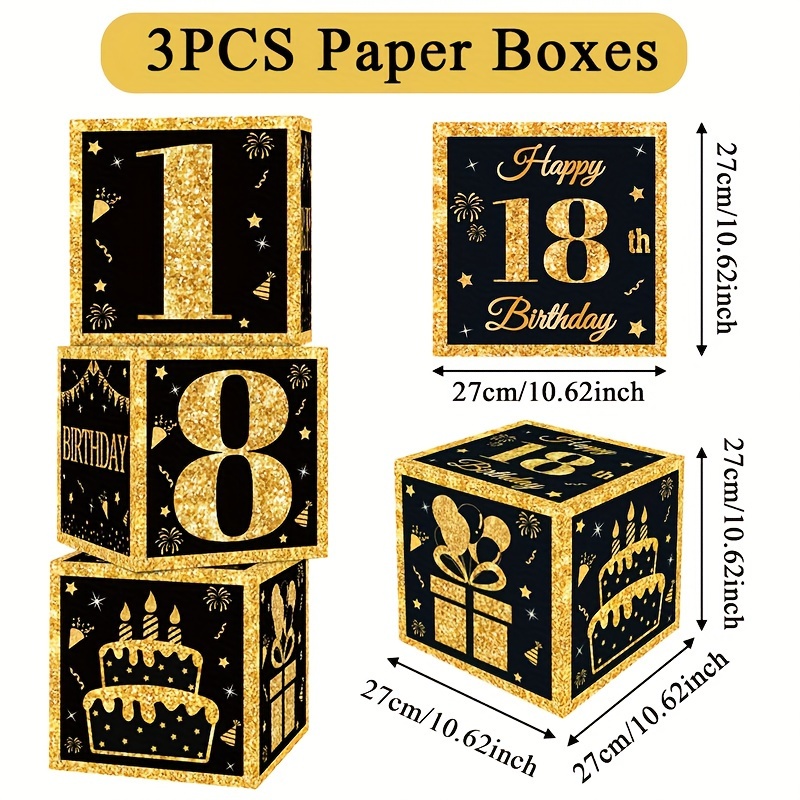 E-shop Geschenk für Sie/Ihn 3-teilig, Happy 18. Geburtstag Party Papierboxen, Schwarze Goldene Quadratische Box, 18 Jahre Geburtstag Dekoration