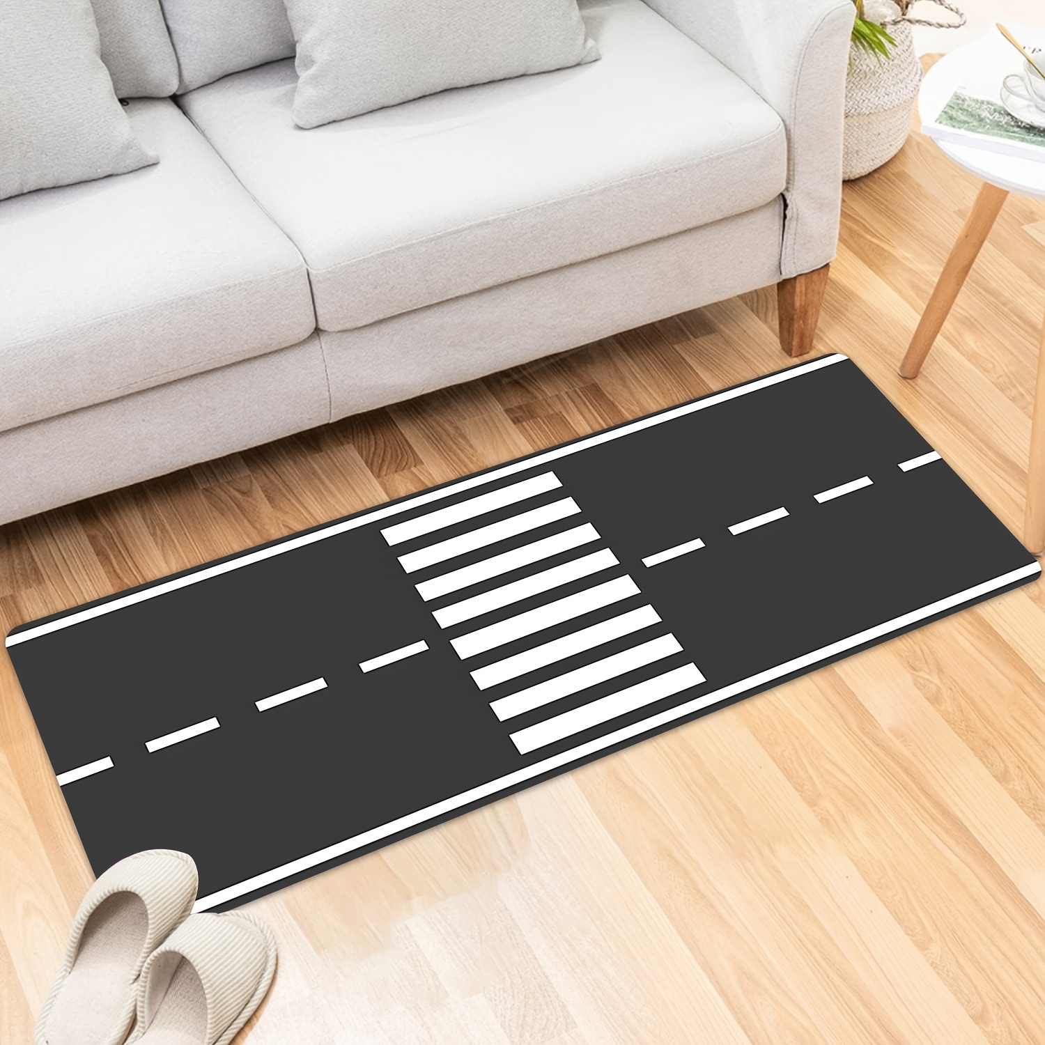 TEMU 2d Black And White Geometric Road Pattern Flannel Hallway Runner Rug, Printed With Road , Non-slip Machine Washable Long Strip Mat, Suitable For