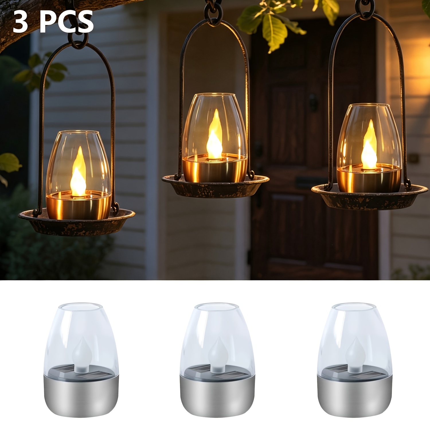 Image of 3pcs Solar Flameless Led Candle Lights, Durable Plastic & Stainless Steel, For Indoor/outdoor Garden, Patio, Stairs, Party & Holiday Decor, Home Solar Lighting, Romantic & Cozy Ambiance.