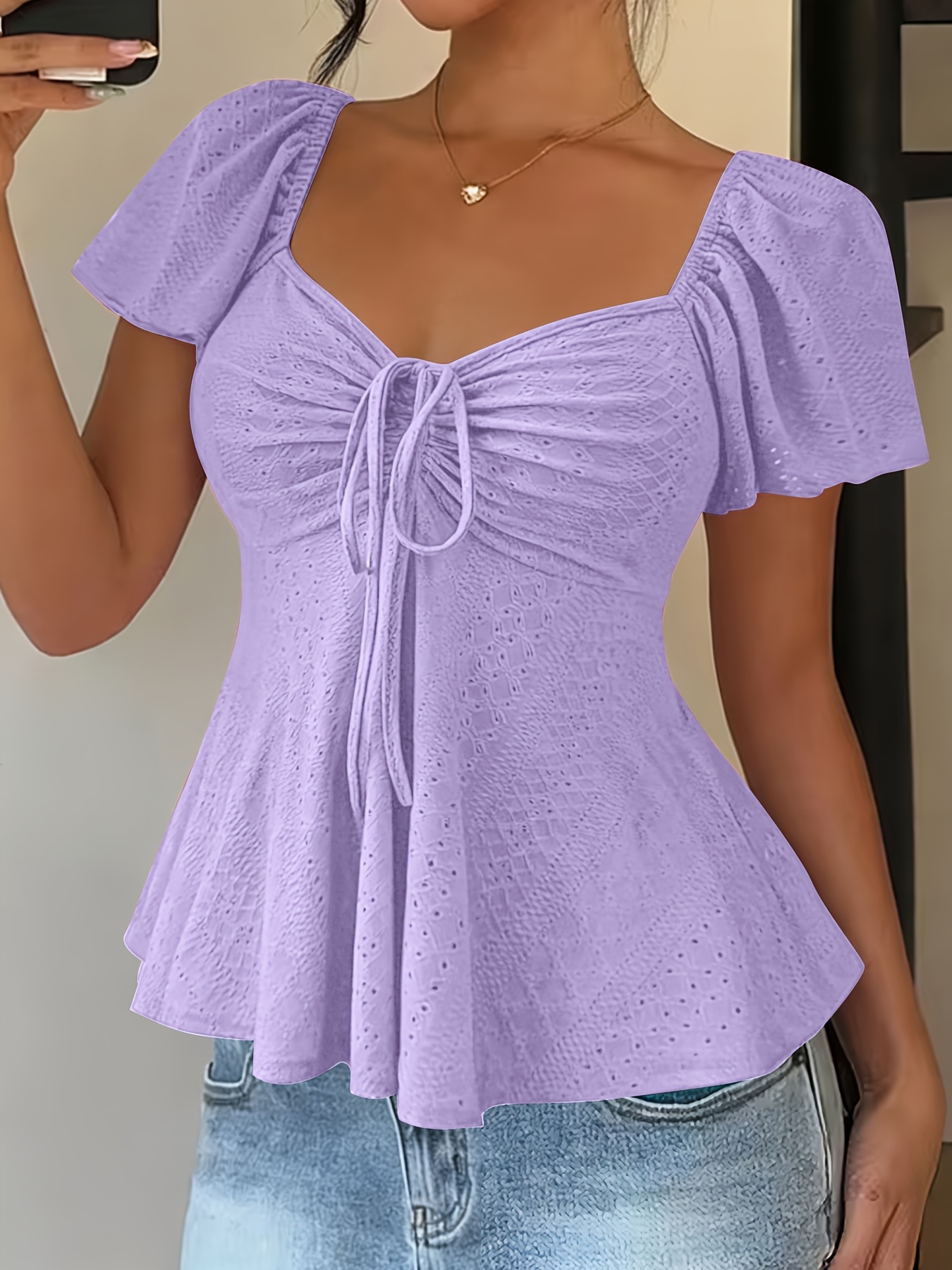 camiseta para mujer,   y elegante, novedad de  /verano, estilo y2k, de color liso, jacquard, cómoda y transpirable, con cuello  , cordón ajustable y manga corta