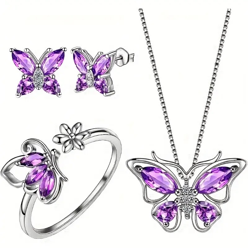 E-shop 4 Schmetterlingselement-Halsketten, Ohrringe Ringe, elegante Damen-Leicht-Luxus-Accessoires geeignet für Partys Hochzeiten