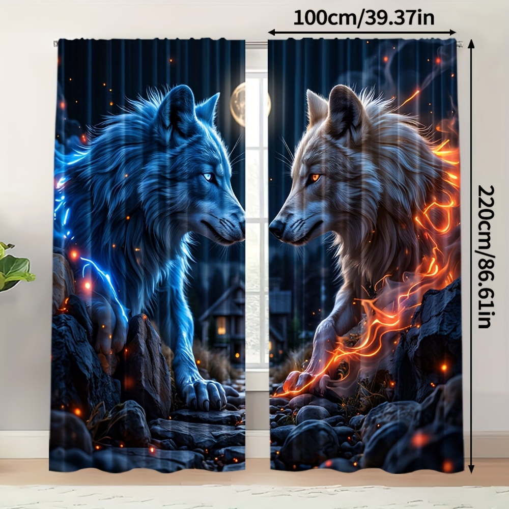 TEMU Set Of Two, Decorative Curtains For Featuring A Contemporary Black Wolf Design, Made From Machine-washable Material, Ideal For A Study, Dining