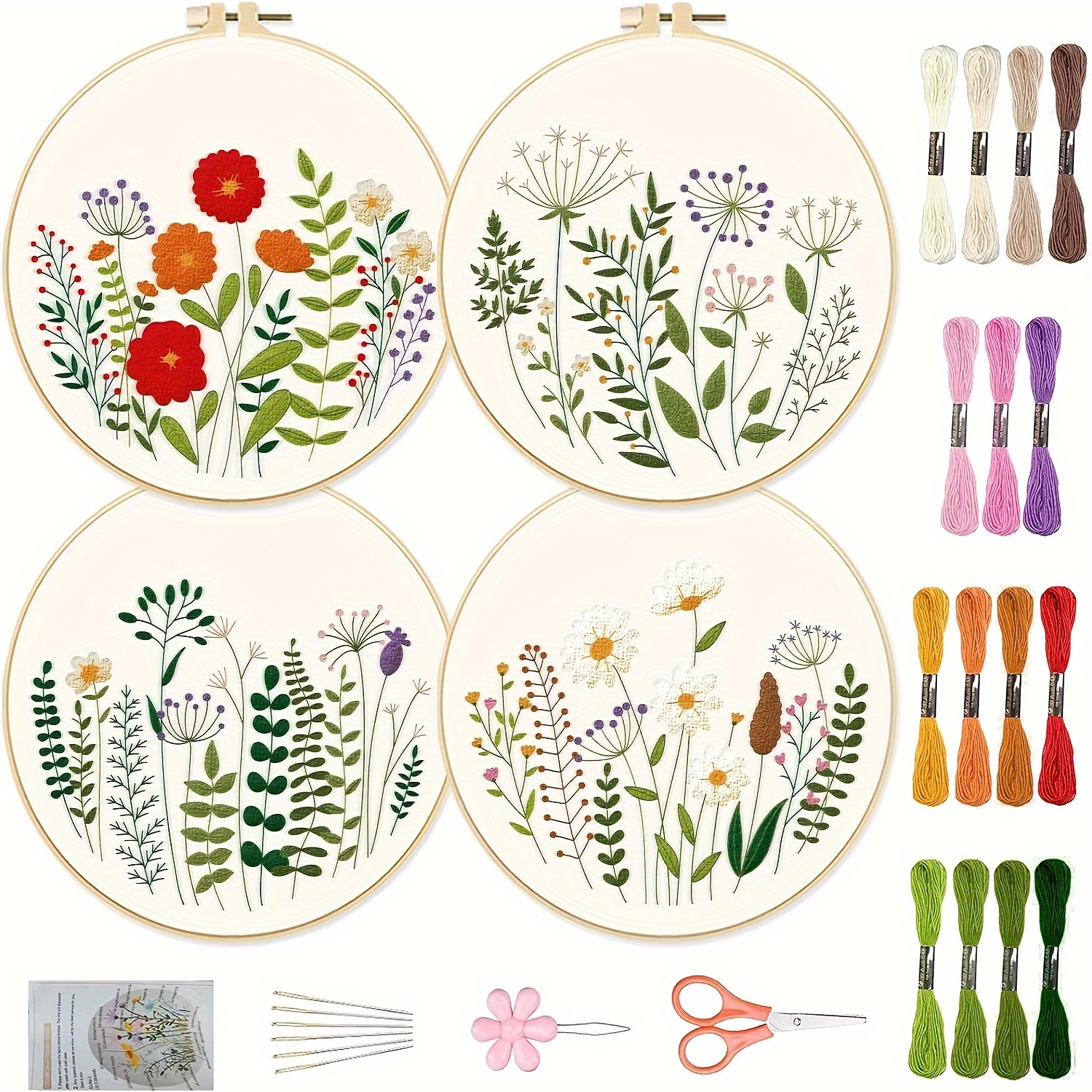 

4pcs Embroidery Set, Embroidery Botanical Floral Print With Instructions, Suitable For Adult Beginners Diy Embroidery Kit Adult Holiday Gift (embroidery Tools Color Random)