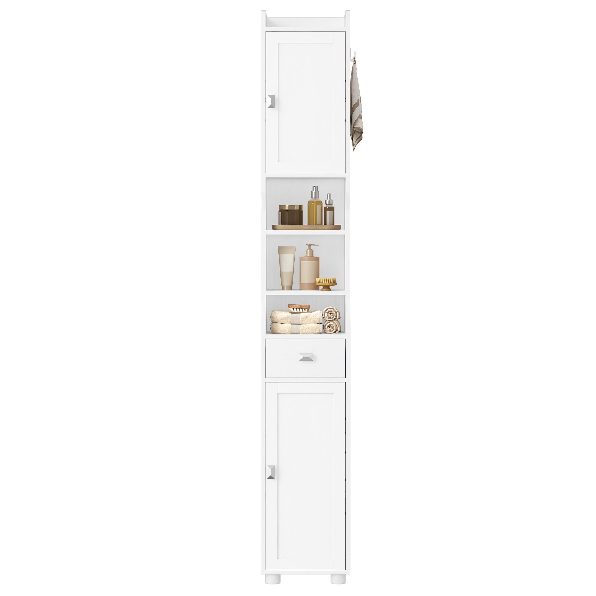 TEMU Slim Vertical Bathroom Storage Unit, Featuring And A Drawer, Adjustable Shelves, And An Open Section, Designed To , Measuring 28 X 28 X 180 Cm,