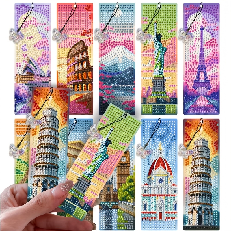 TEMU 10pcs World Theme Diamond Painting Bookmarks, Perfect Fusion Of Famous Buildings And Handmade Diamond Craft Theme Bookmarks Diamond Bookmarks