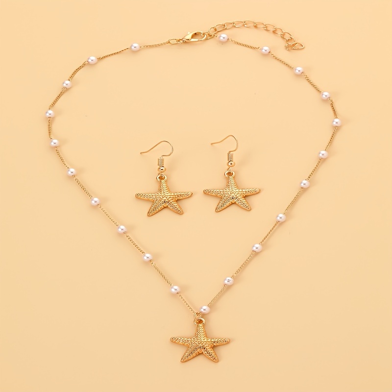 3pcs Summer Fashion Pearl Starfish Jewelry Set, Including A Pair Of Pendant Earrings And A Pendant Necklace, Suitable For Women's Summer Beach Vacation Travel And Leisure