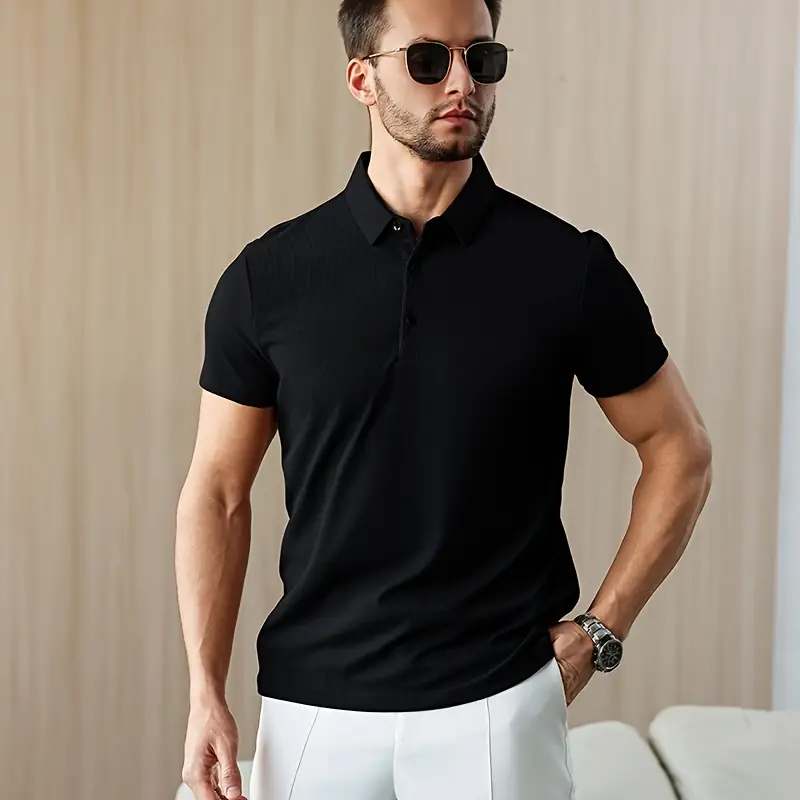 mens summer shirt solid color casual short sleeve with button collar lightweight polyester for sports outdoor leisure activities casual summer wear knitted weave details 3