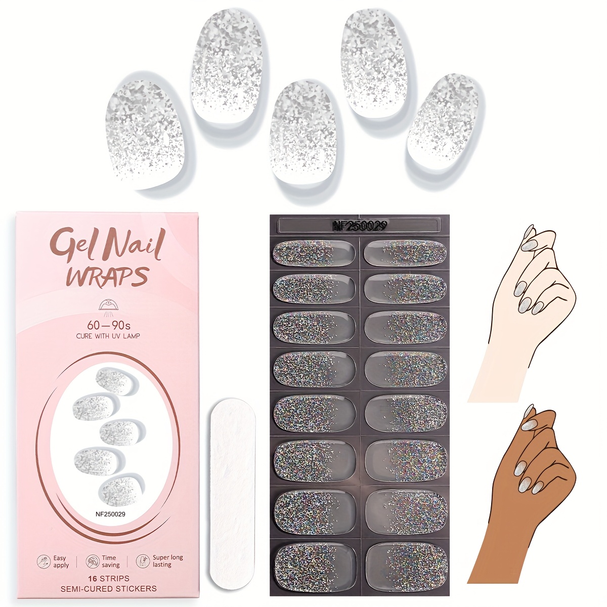 Image of 16-finger Semi-cured Gel Nail Wraps, Gorgeous And Minimalist Silvery Glitter Nail Art, Self-adhesive And Easy To. Nail Stickers Requiring Curing, Salon Nail Art Quality. Suitable For Or Gifts