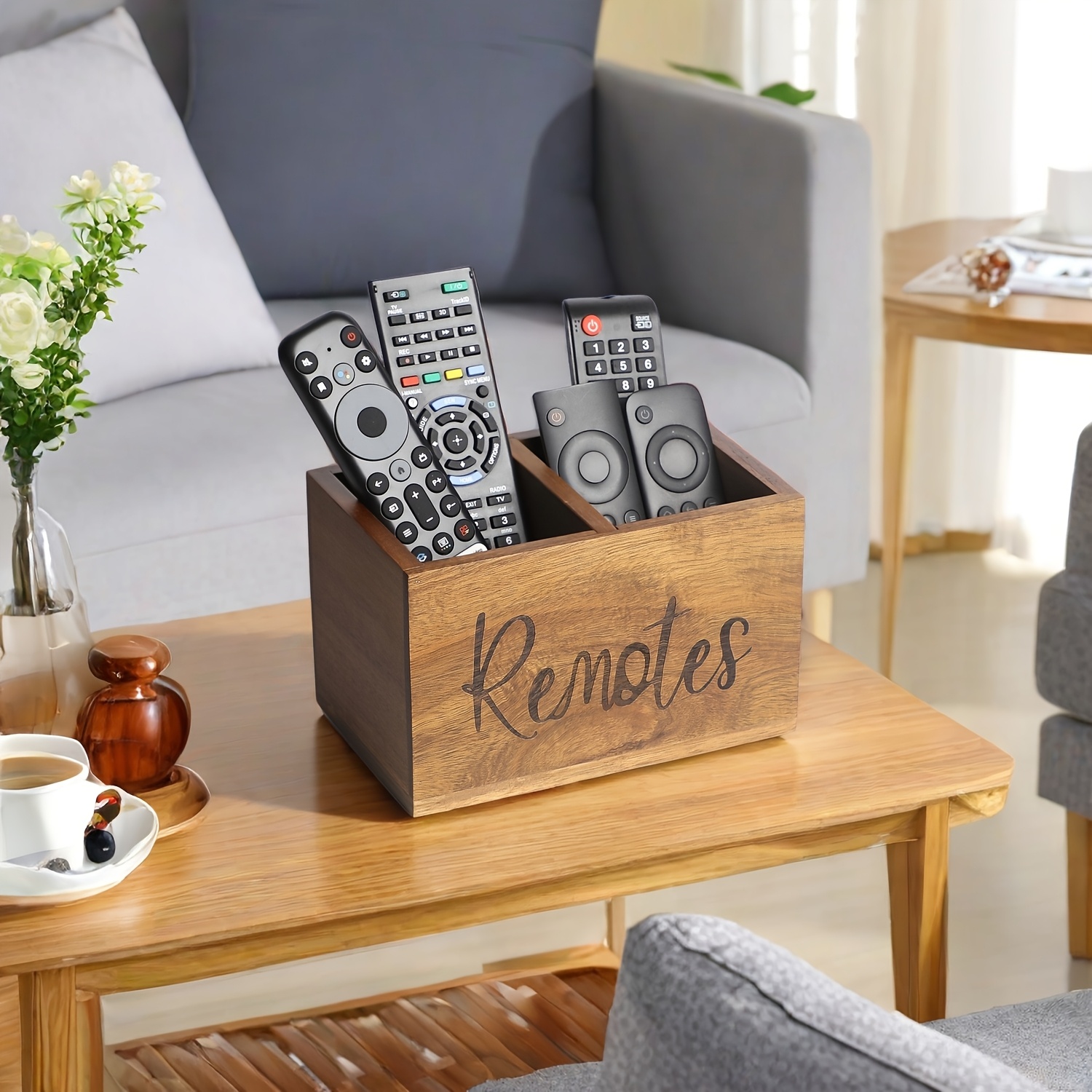 

1pc Wood Remote Control Holder, Rectangular Tv Remote Organizer With 2 Compartments, Wooden Media Storage Box For Home Bedroom Table, Non-waterproof Furniture