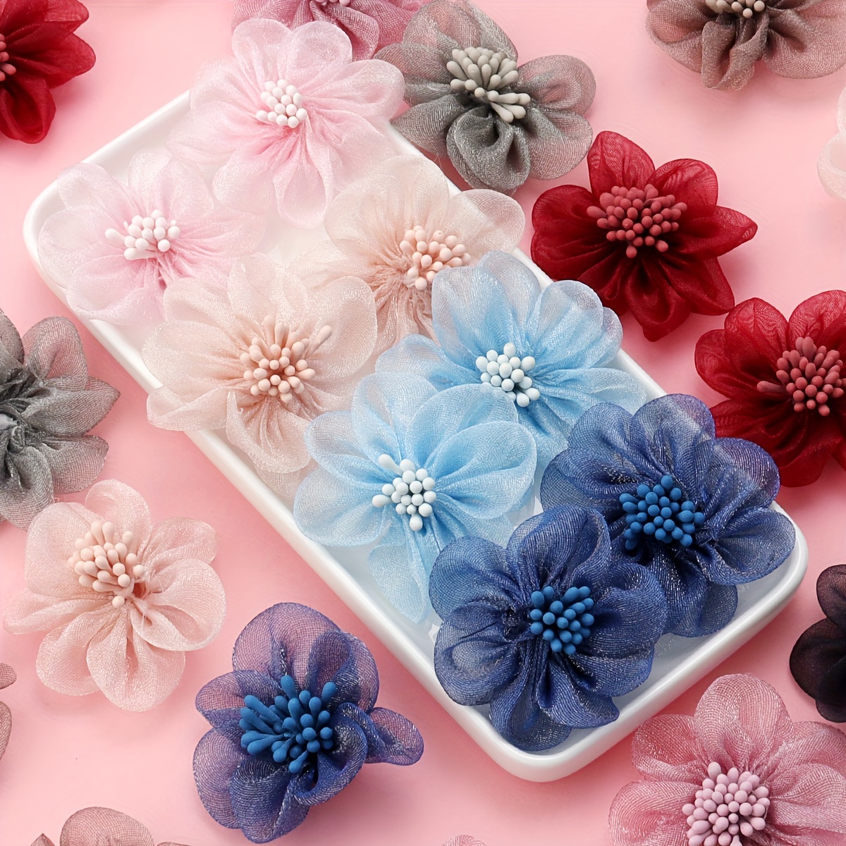 

4pcs Organza Flower Clothing Jewellery Flat Back Accessories, Diy Sewing Women's Accessories Hairpin Brooch Accessories