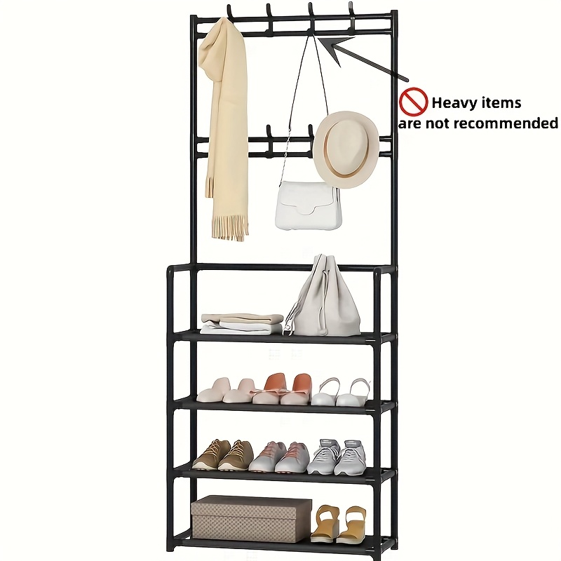 1pc 4 5 tier freestanding metal and plastic shoe rack with 8 hooks multipurpose clothes and shoe organizer easy assembly supports up to 5 lbs black white shoe storage organizer details 5