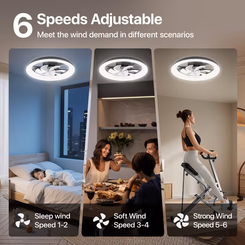 newest led ceiling fan with light control 3 color temperatures 6 adjustable flush mount design for bedroom timer setting wireless control polished bedroom ceiling fan contemporary lighting Product details 2