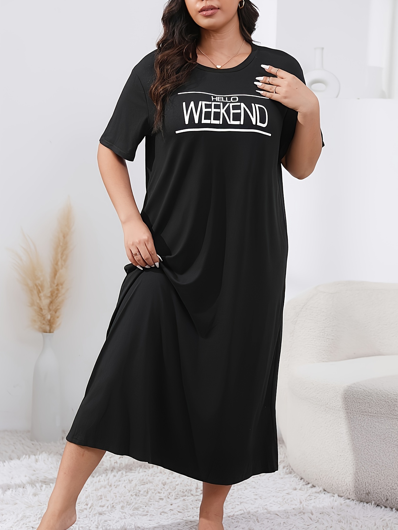 Women's Plus Casual Lounge Dress, Plus Size Slogan Print Short Sleeve Round Neck Sleep Dress