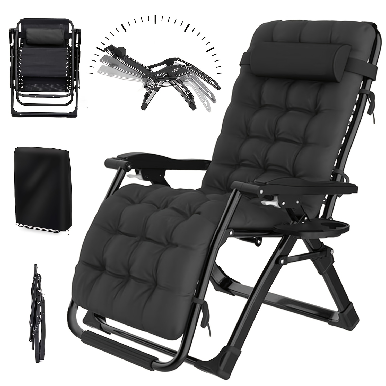 Foldable Sun Lounger 65/72/77/83cm, 200kg Capacity Recliner With Neck Pillow, Cup Holder & Cover, Ergonomic Cushion, Adjustable Backrest, Extra Relax Chair For Patio, Garden, Beach, Pool