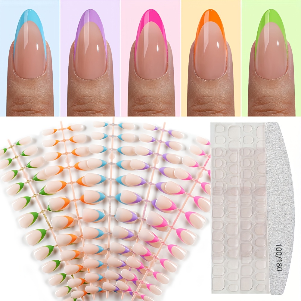 TEMU Juego de 120 uñas postizas de media con forma de para prensa francesa, paleta macaron (rosa , , verde, azul, naranja). Parches de uñas de