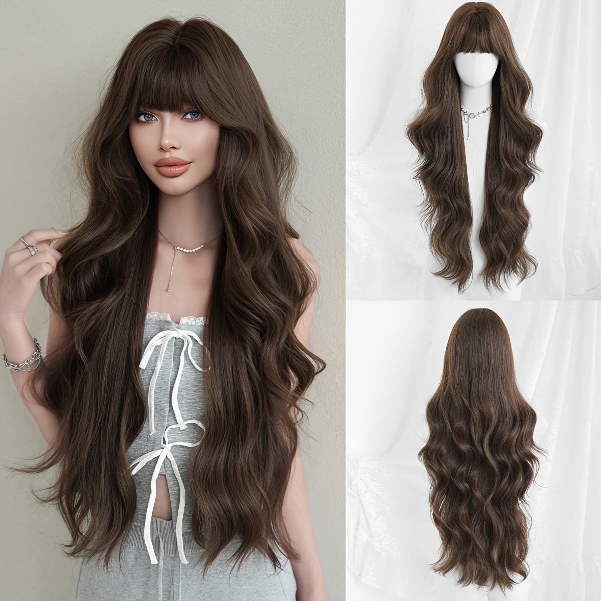 TEMU 34 Inch Extra Long Loose Curly Wigs For Women Gorgeous Brown Wig With Full Bangs, Resistant Synthetic Fiber Wig For Daily Party Wear, Music