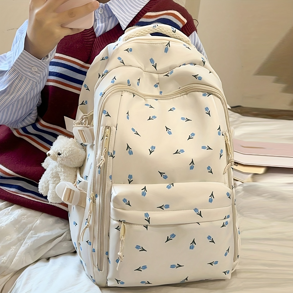 fashion printed rose ladies backpack multi compartment and pockets thick and sturdy student backpack with teddy bear pendant decoration large capacity details 8