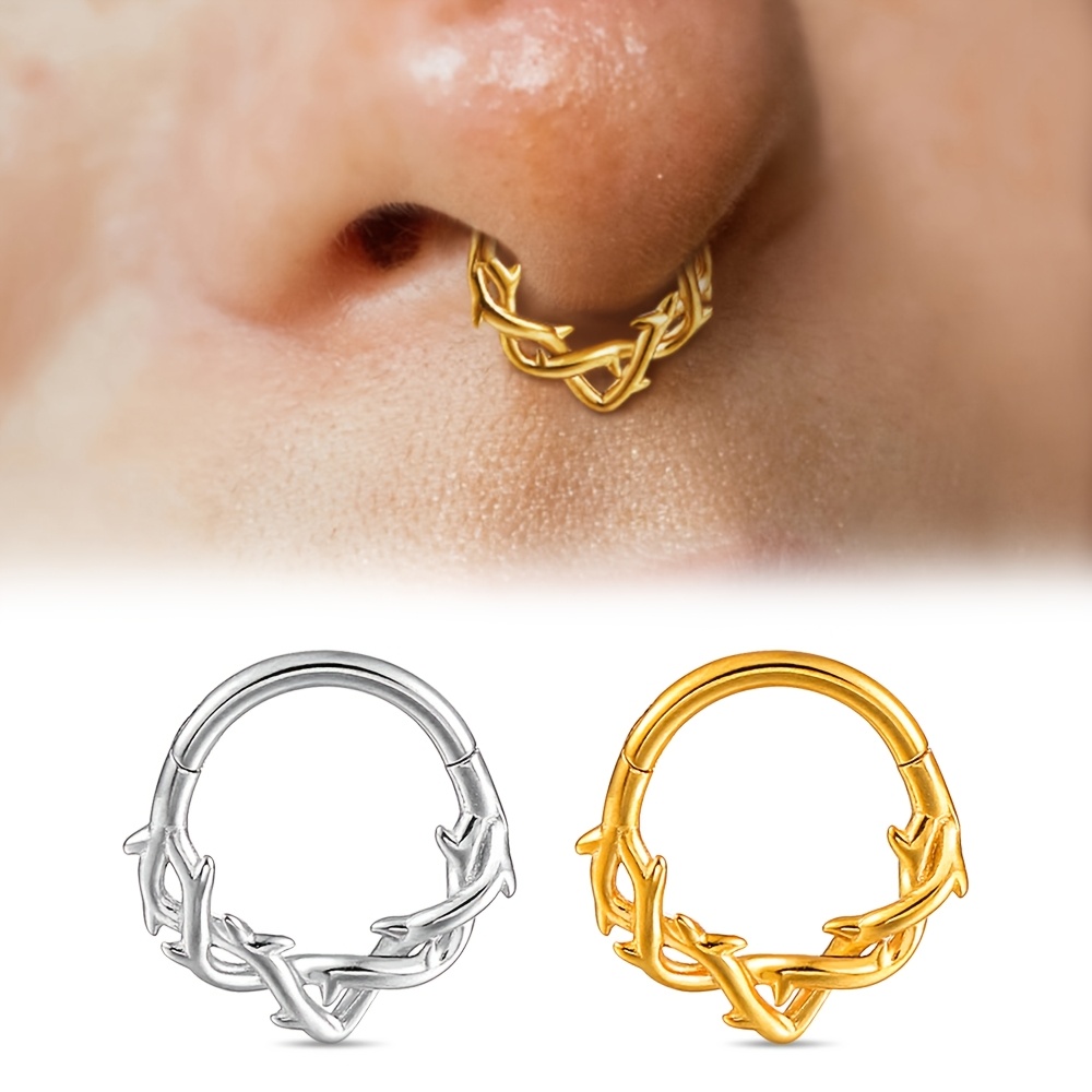 

1pc 316l Stainless Steel Nose Ring, Hip Hop Punk Style, 18k Golden Plated, Round Thorns Hoop Earrings, Septum Clicker, Unisex Piercing Jewelry For Daily & Party