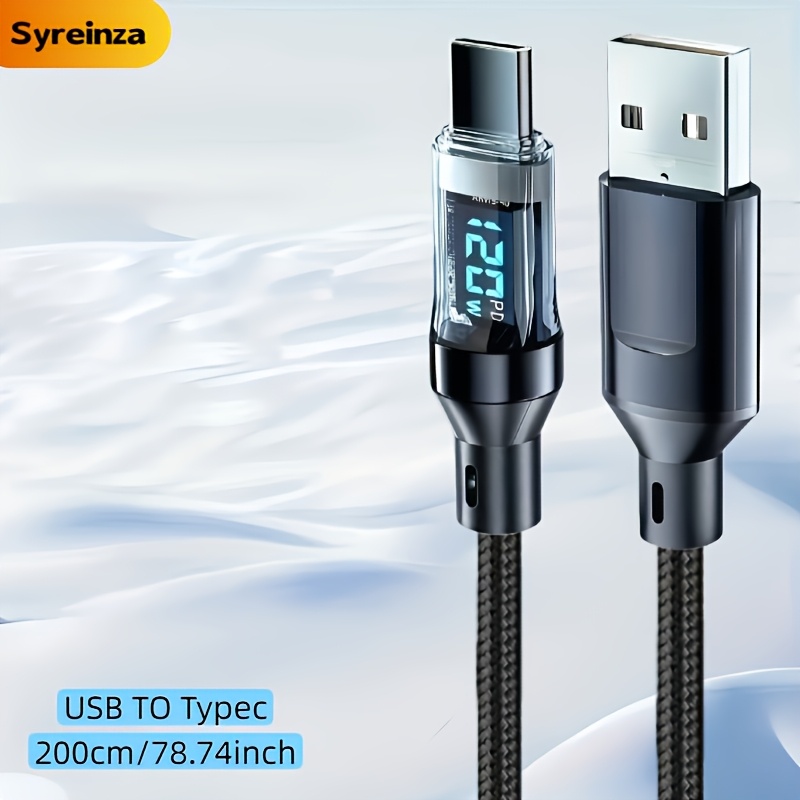 [ultra-fast 120w Charging Cable] Led Digital Display Screen, Usb-a To Type-c Nylon Data Synchronization Cable, Compatible Multiple Devices, Supports Data Transmission.
