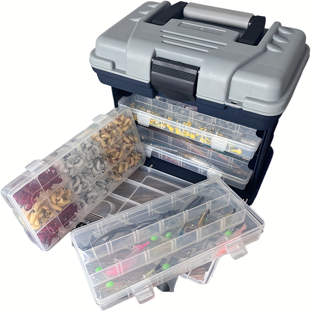 [Portable Fishing Tackle Box] 4-Tier Portable Fishing Tackle Box, Durable Polymer, Non-Waterproof, Multi-Compartment Organizer for Bait and Accessories, Gray (Bait Not Included), Outdoor Gear Storage, Fishing Tackle Box