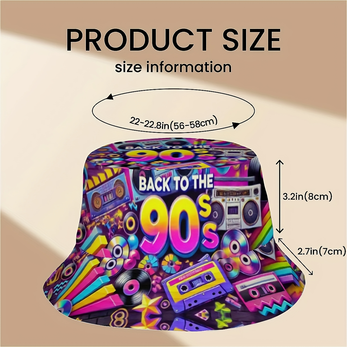 TEMU 1pc Luces de Neón, Nostalgia de , Cintas de Casete, Discos de Vinilo Sombrero de Pescador Unisex Estampado, Sombrero Elegante con Divertido,