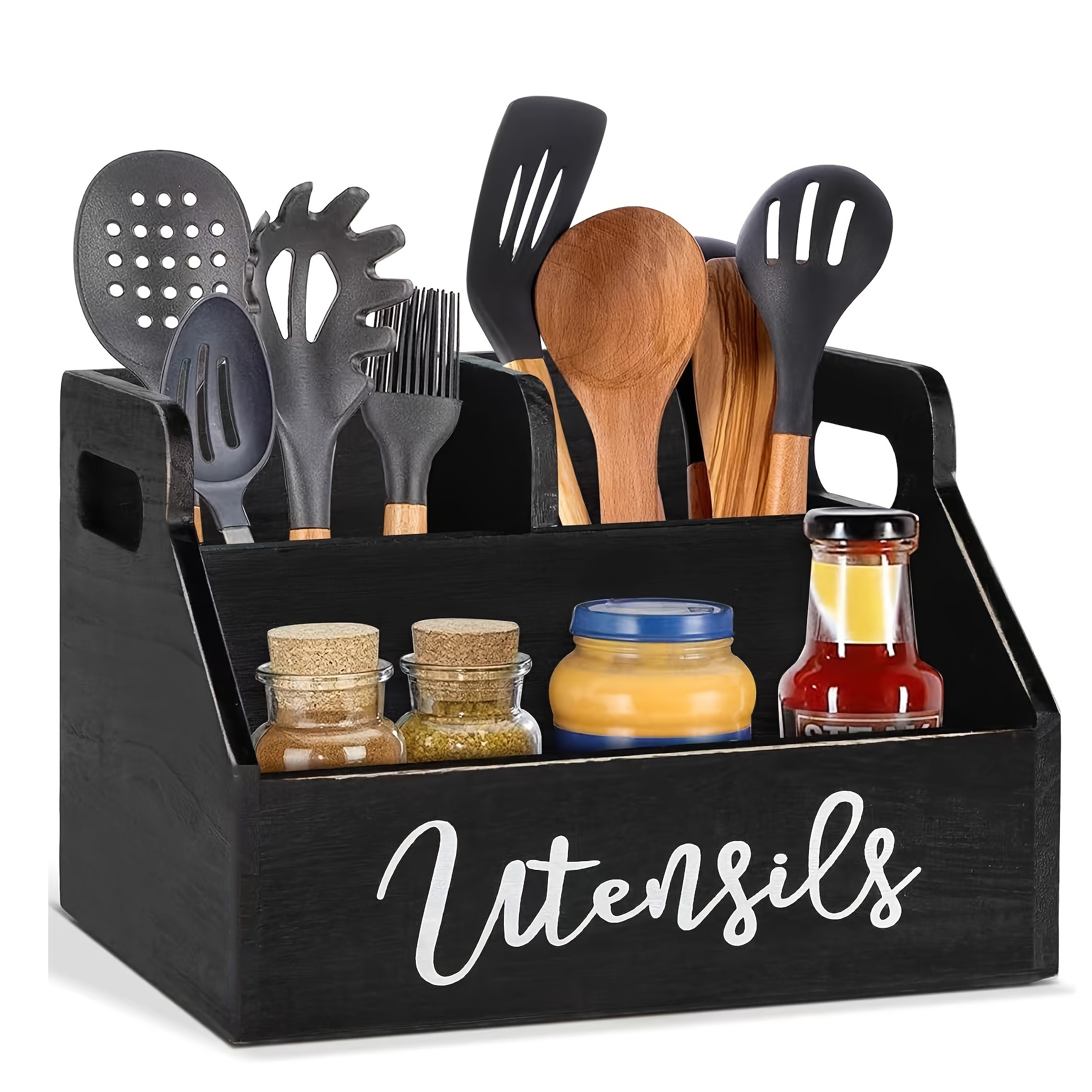 

Rustic Wooden Kitchen Utensil Holder With 3 Large Compartments, Wall-mount Flatware Organizer, For Spoons, Knives, Forks, And Spatulas, With Countertop Cooking Utensil Rack, Kitchen Storage Accessory