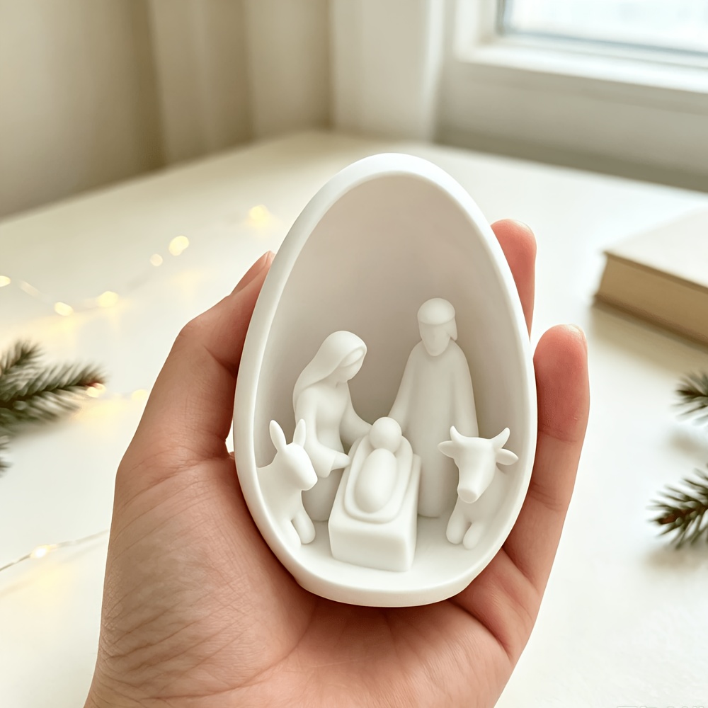 TEMU Ornement de crèche d'œuf pour étagère ou cheminée - Statue de la Sainte Famille en plastique avec figurine, décorations de table de Noël pour