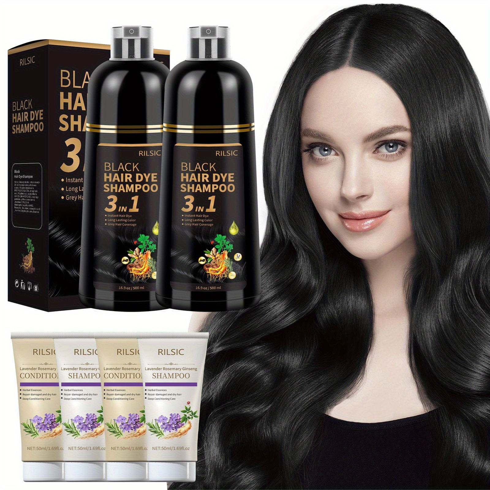 TEMU Ensemble Shampooing Teinture RILSIC - Ingrédients Naturels, Teinture Instantanée Facile à Base de Plantes, Noir Naturel, Brun Foncé, Couverture