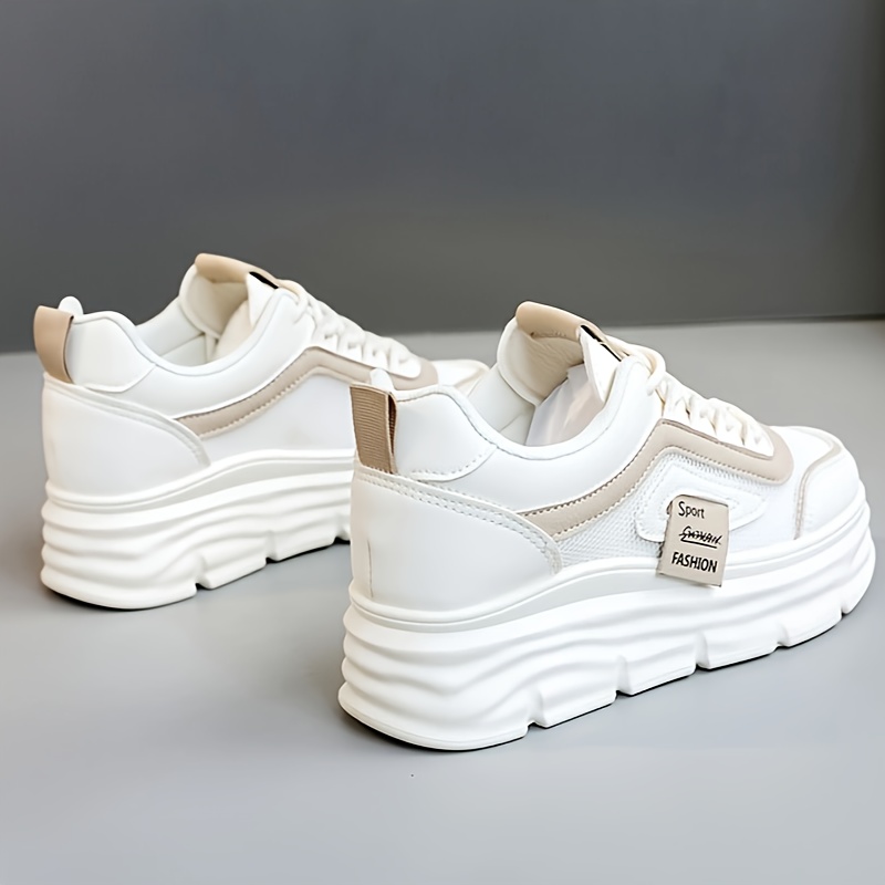 TEMU Women's Casual Sneakers | Breathable Synthetic Cover & Fabric | Thick Rubber Sole Platform Shoes | Lace-up Low- | Versatile White With Beige Accents | & Comfortable For All