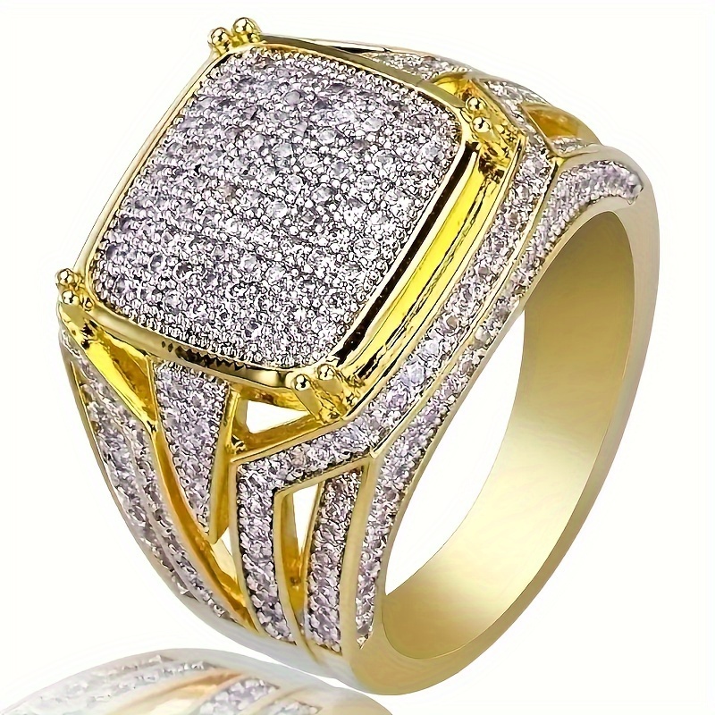 TEMU Fashionable Men's Square Punk Zirconia Ring, Hip-hop Cubic Zirconia Men's Ring