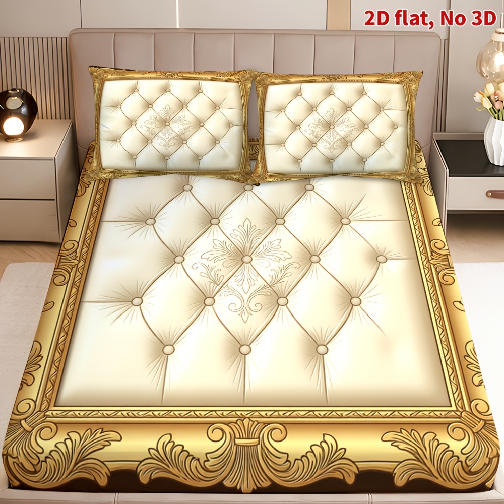 TEMU 2d Flat 2/3pcs Elegant Quilted Patterned Fitted Sheet Set Queen King Full Sizes Bedding Ornate Golden Framed 1 Fitted Sheet   1/2 Pillowcases