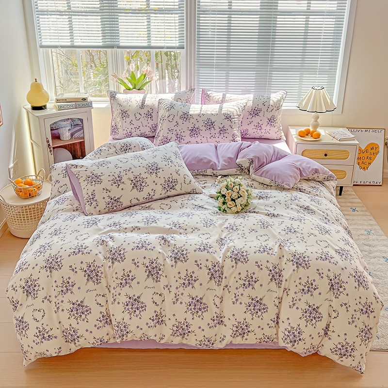 E-shop 3-teiliges, weiches, bequemes, minimalistisches Bettbezug- und Kissenbezug-Set mit kleinen Blumenmuster, geeignet für Schlafzimmer,