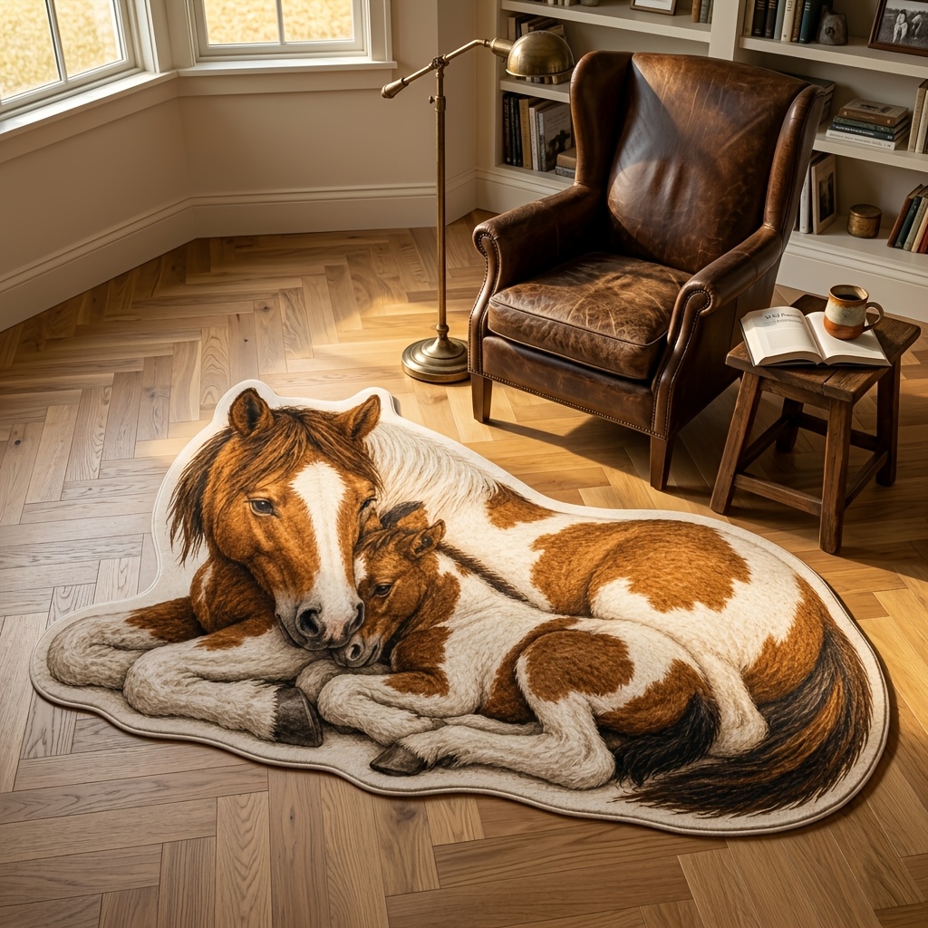 TEMU 1pc Mare And Foal Shaped Rug, Soft And Washable 800g/mÂ² Faux Cashmere Floor Mat, 2d Flat Printing Brown And White Horse Decorative Rug, Suitable