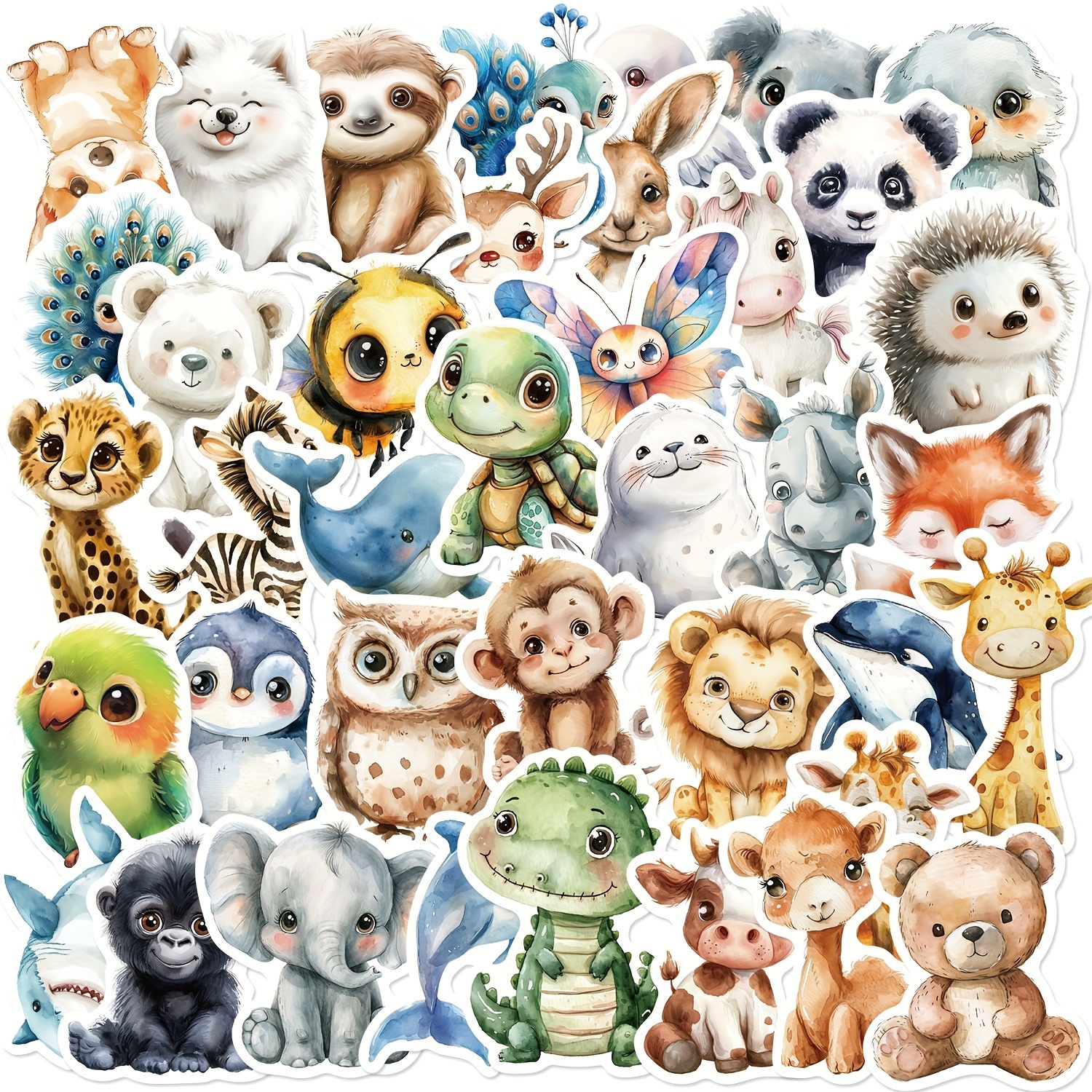 Image of 50pcs Cute Cartoon Watercolor Animal Stickers - Vibrant Sloth, Owl, Parrot & More Designs - Waterproof Decals For Laptops, Guitars, Phones, Bikes, Water Bottles & More, Cute Animal Stickers