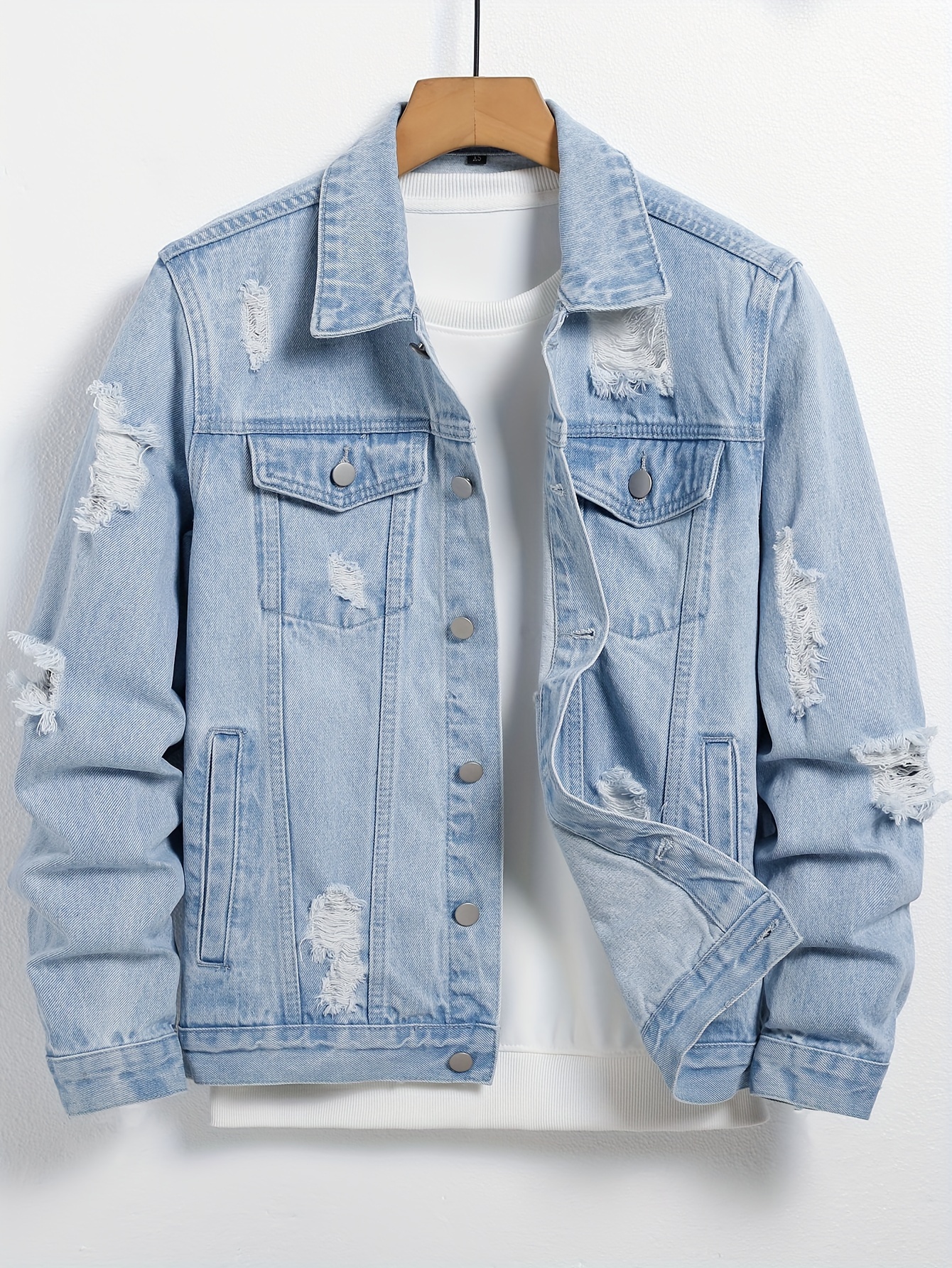 mens regular fit distressed denim jacket turn down collar non stretch spring autumn wear 0