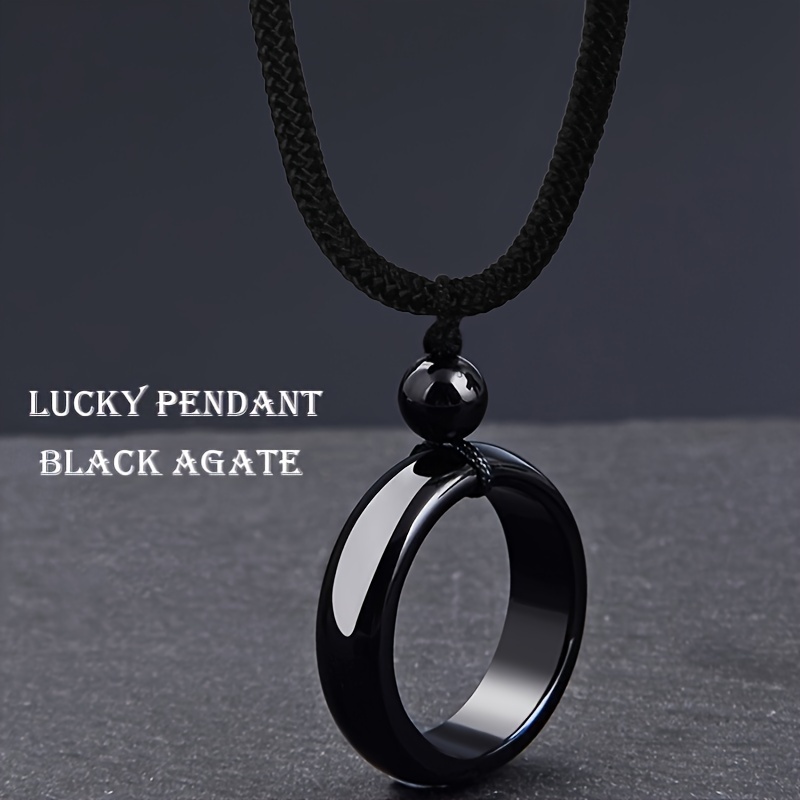 

1pc Men's Cool Black Agate Ring Pendant Necklace, Elegant Meditation Accessory, Brings Luck, Good Gift For Friends