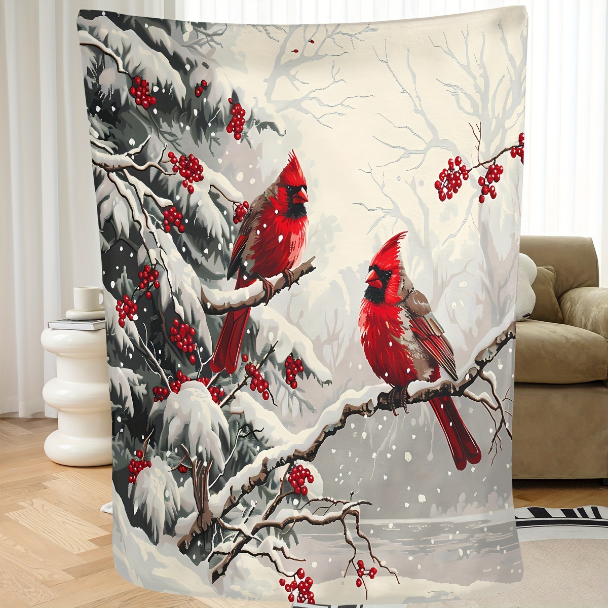 

Festive : Digital Printed With Red And Snowy Branches, Soft And Comfortable For All Seasons, Suitable For Home Or Office Decor, Hand Wash Only