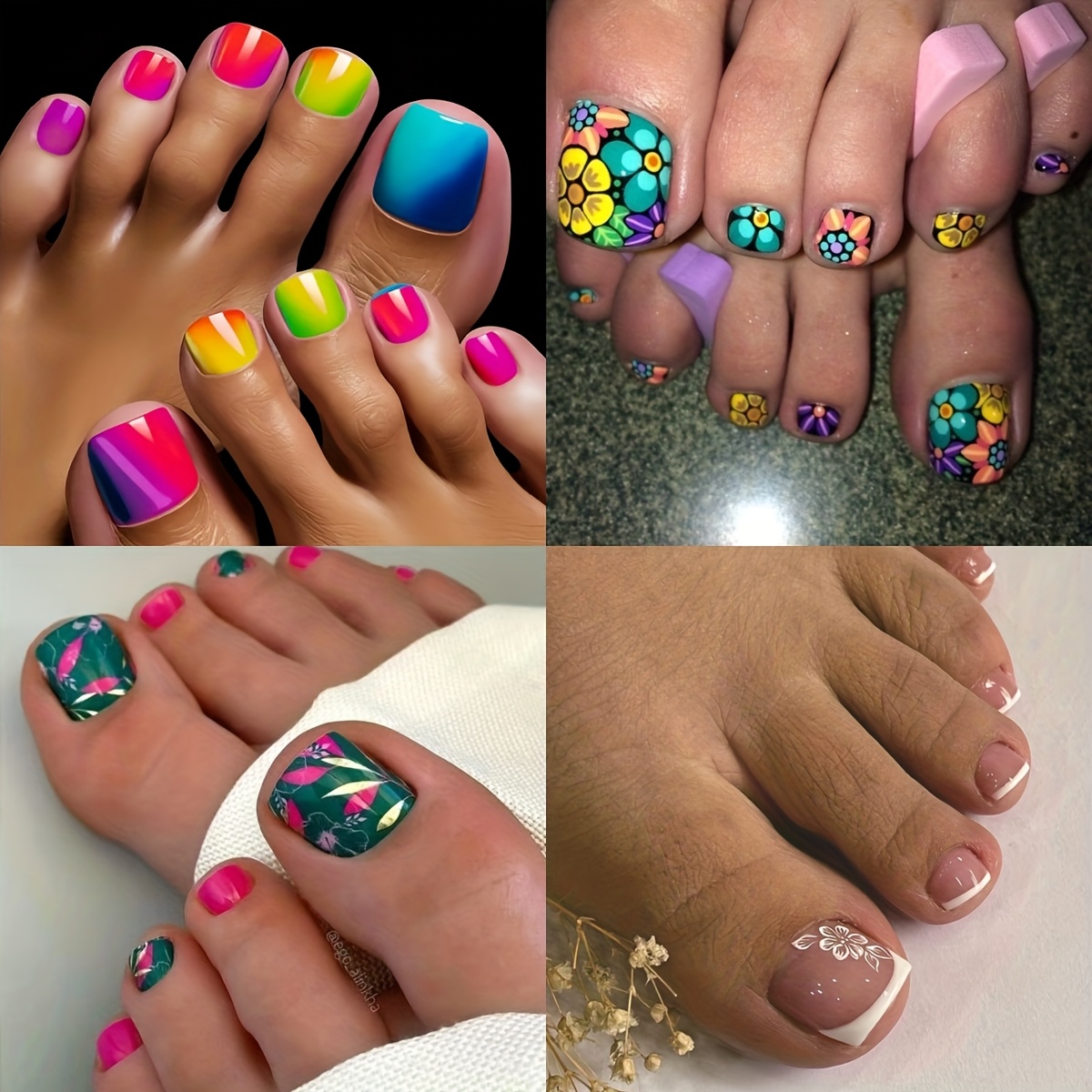 E-shop 96-teiliges Set Zehennägel zum Aufkleben in verschiedenen Stilen, Nageldesign tragbare Nägel mit glänzendem Finish, einfach anzubringen zu