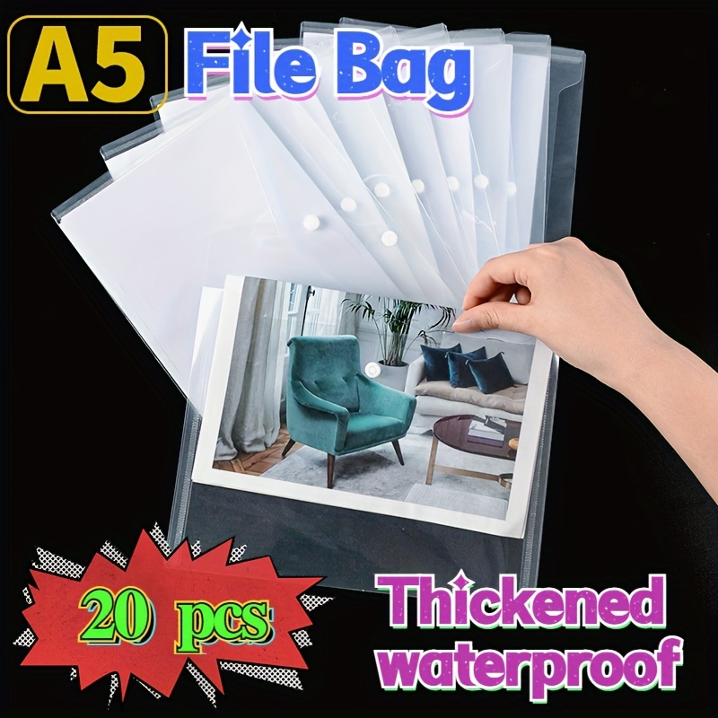 

20 Pack A5 Clear Plastic Envelopes, Waterproof Thicken File Bags With Snap Button Closure, Classic Style Pp Document Pouches For Office Receipts And