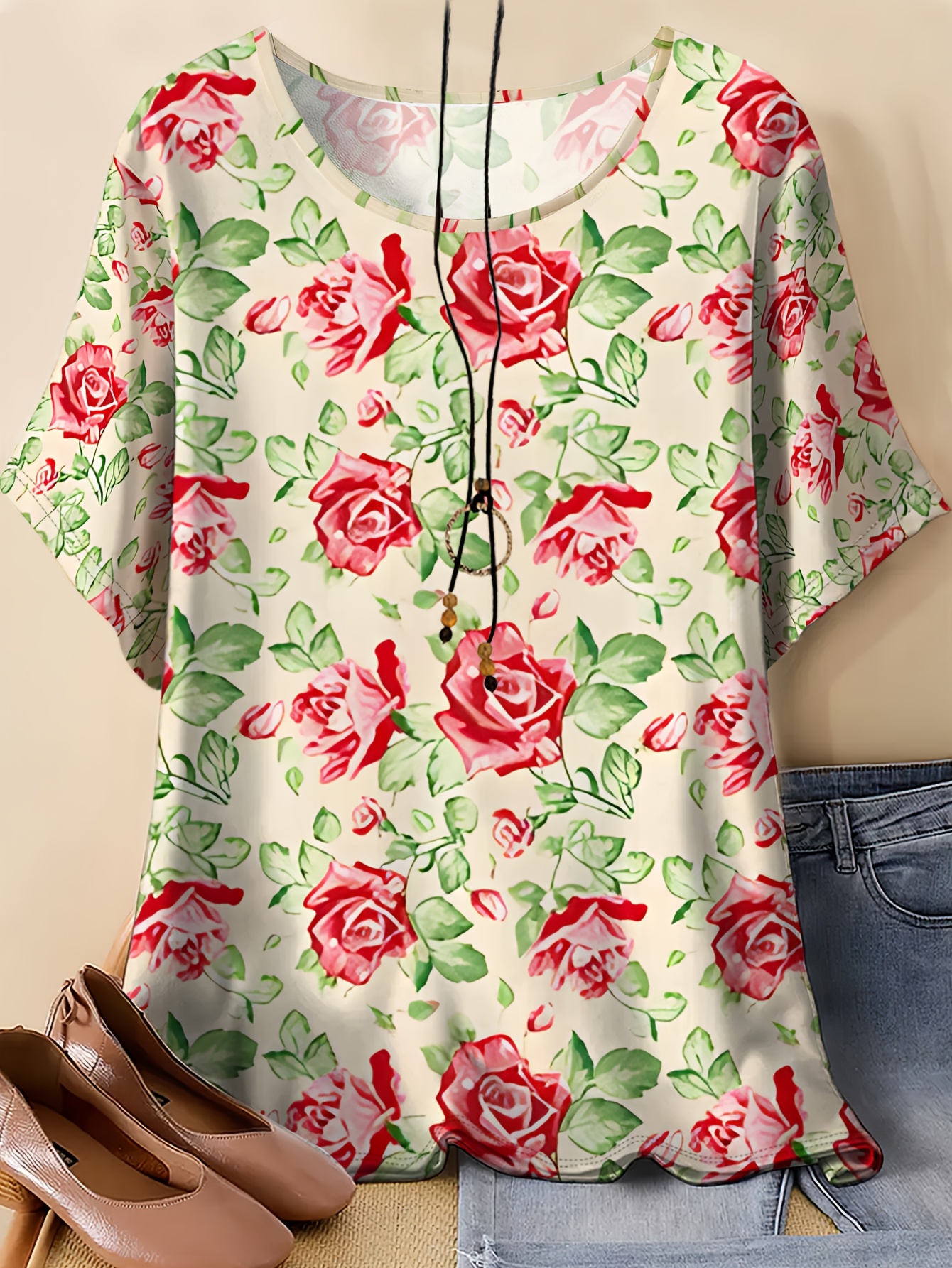item picture plus size womens rose print short sleeve top for summer featuring a loose and casual fit with a comfortable round neck t shirt that pairs well with   outfits
