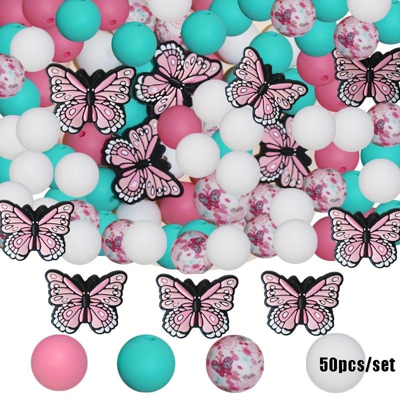 TEMU 50pcs 15mm Shape Silicone Beads Butterfly Pattern Loose Spacer Beads Set Multiple Styles Silicone Beads For Diy Keychain Pen Lanyard Bracelet Necklace Jewelry