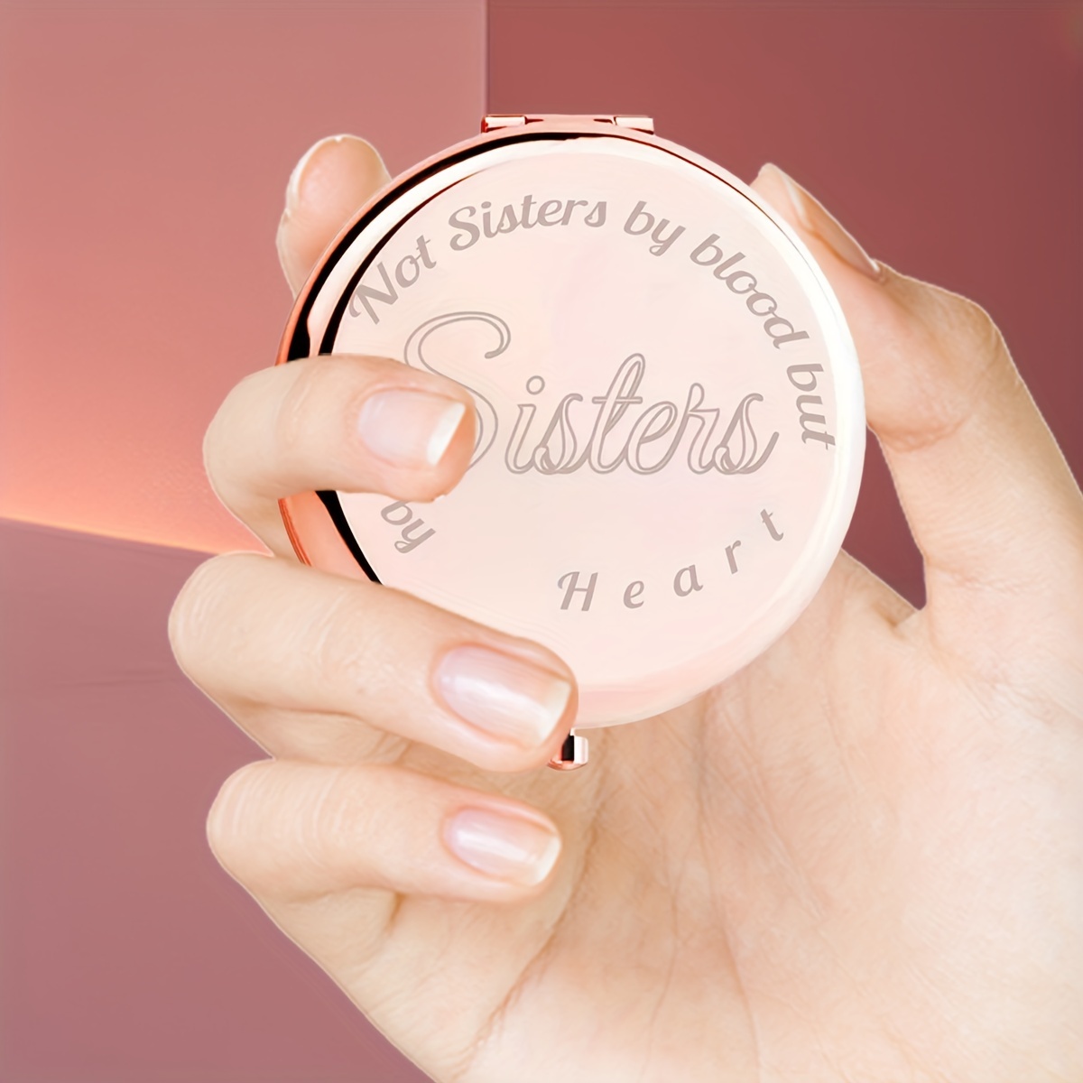 

Sisters By Heart Engraved Compact Mirror, Portable Folding Mini Makeup Mirror, Ideal Gift For Sister On Christmas, New Year, Birthday, Daily Use