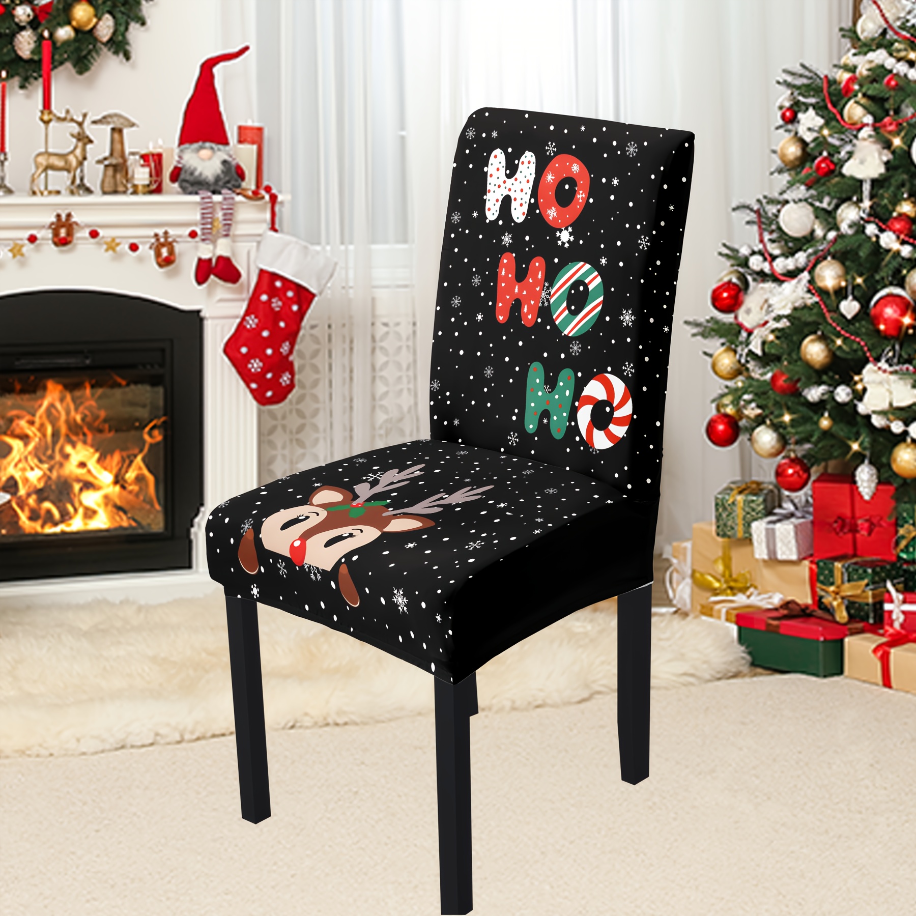 

Classic Design Chair Cover With Elastic Fabric, Machine Washable, 4/6 Pieces, White Snowflake Pattern, Suitable For Christmas Party Decor