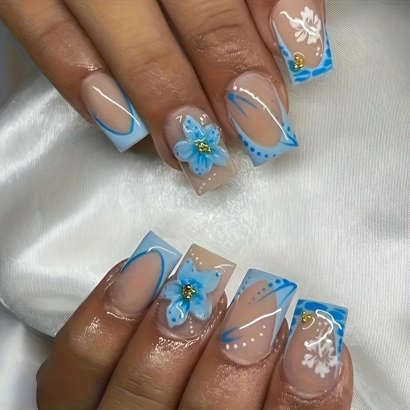 Celebrity Wearable Nails 24pcs Set: Medium-length Square , Light , Detachable False Nails With Jelly Glue And Nail File Included
