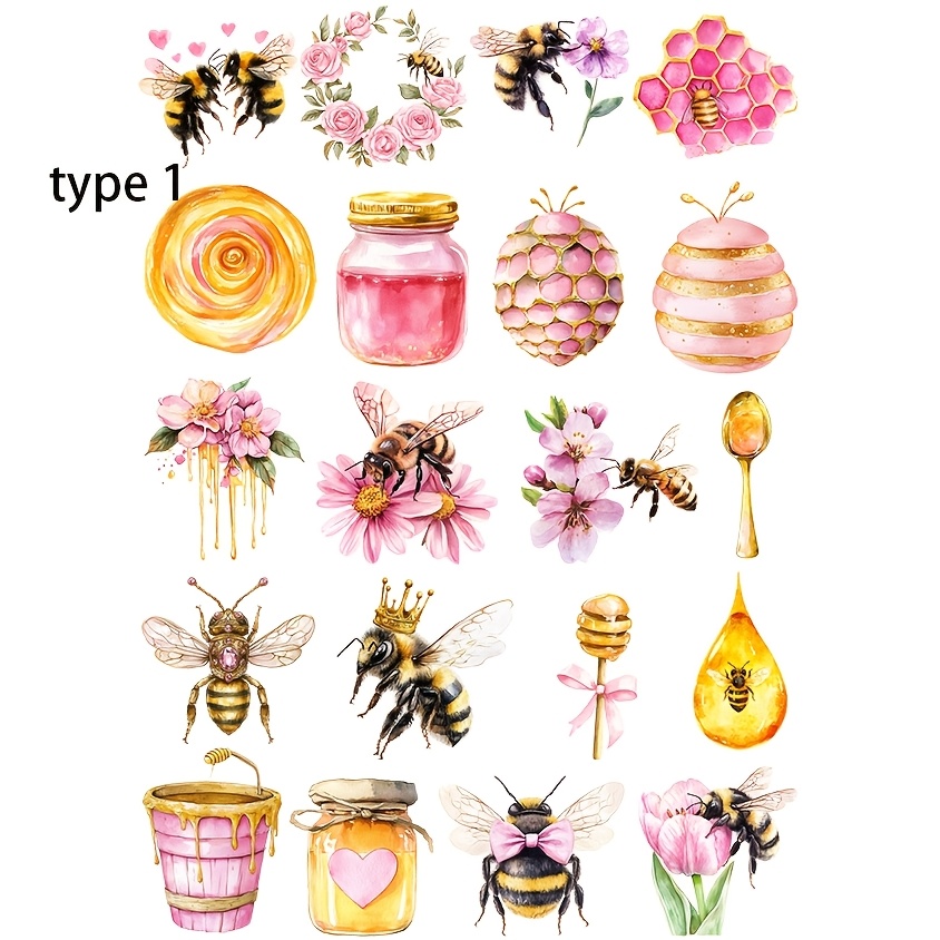 Image of 1 Pack Honey Stickers Suitable For Scrapbooking, Junk Journals, Planners, Albums - Diy Craft Stickers With Bee, Honeycomb & Floral Patterns, Irregular Shapes, , 2d Flat