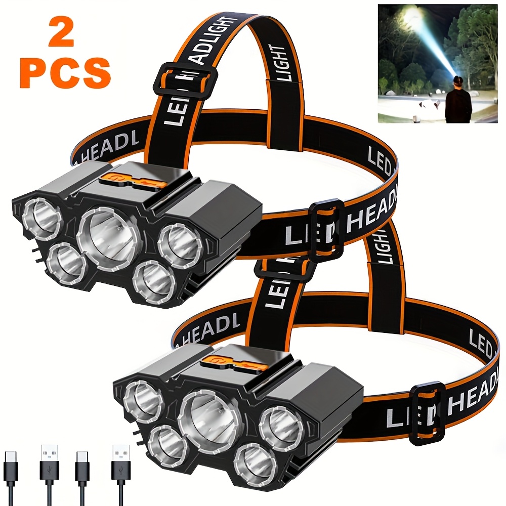 2 lampes frontales rechargeables, 5 LED ultra-lumineuses, légères et rechargeables par USB, 3 modes, idéales pour la course en extérieur, la pêche, la chasse, la randonnée, le camping et le travail
